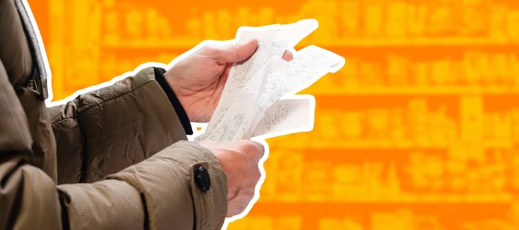 Man in grocery store looking at receipt