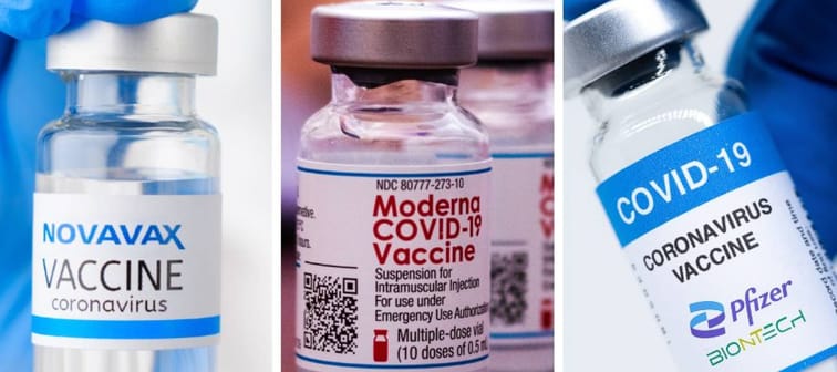 Three vaccine bottles with novavax, moderna and pfizer logos.