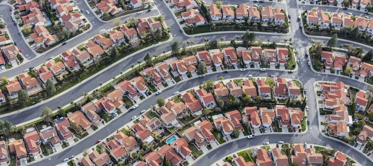 Aerial view of tightly packed homes in the Porter Ranch neighborhood of Los Angeles, California.