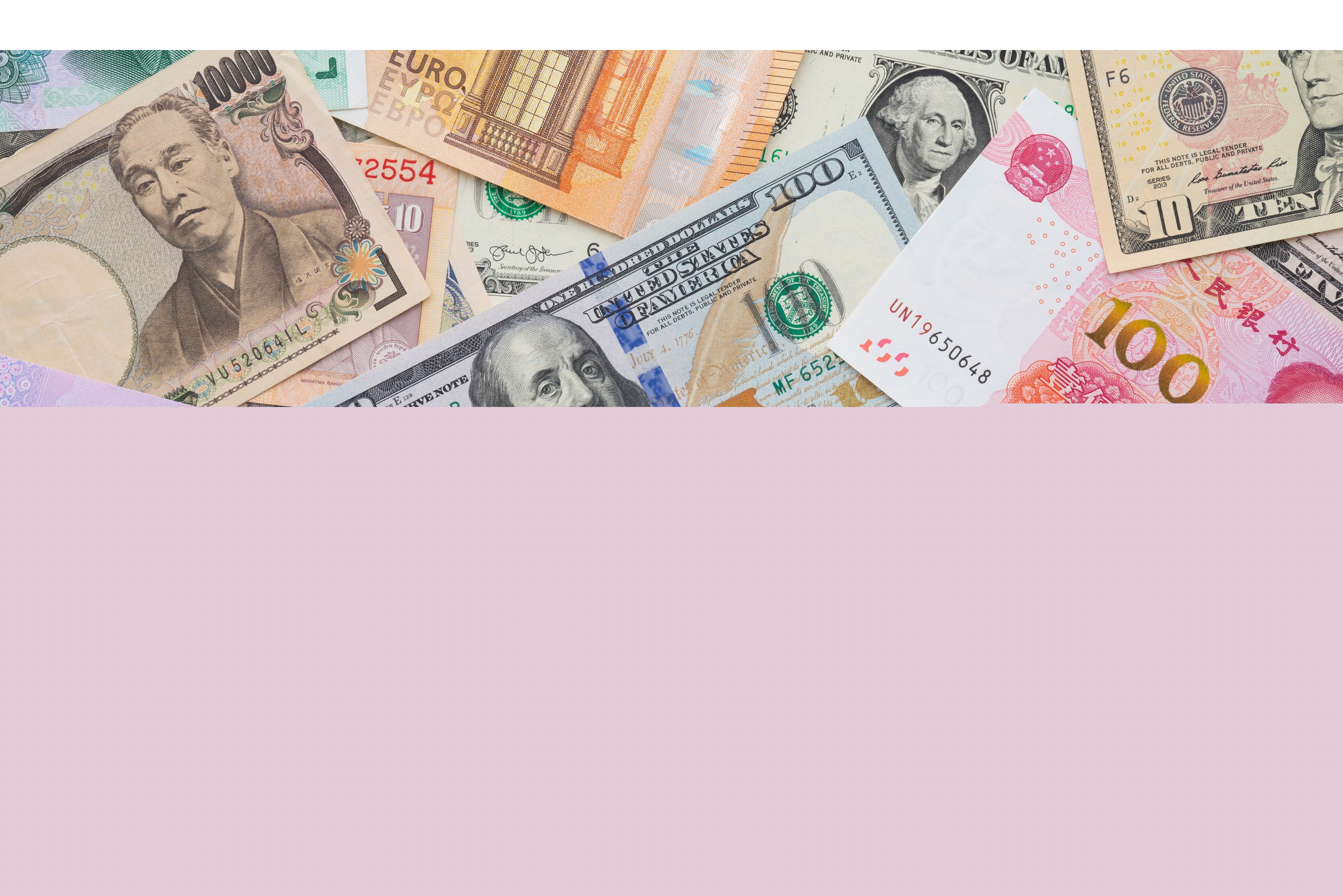 Flat lay or top view of world international banknotes vary countries background. US Dollar, Chinese yuan, Japanese yen, Euro, Indian rupee, Thai baht. Concept of Forex or global financial economic.