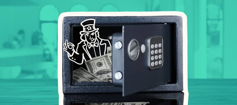 Uncle Sam with money in a safe